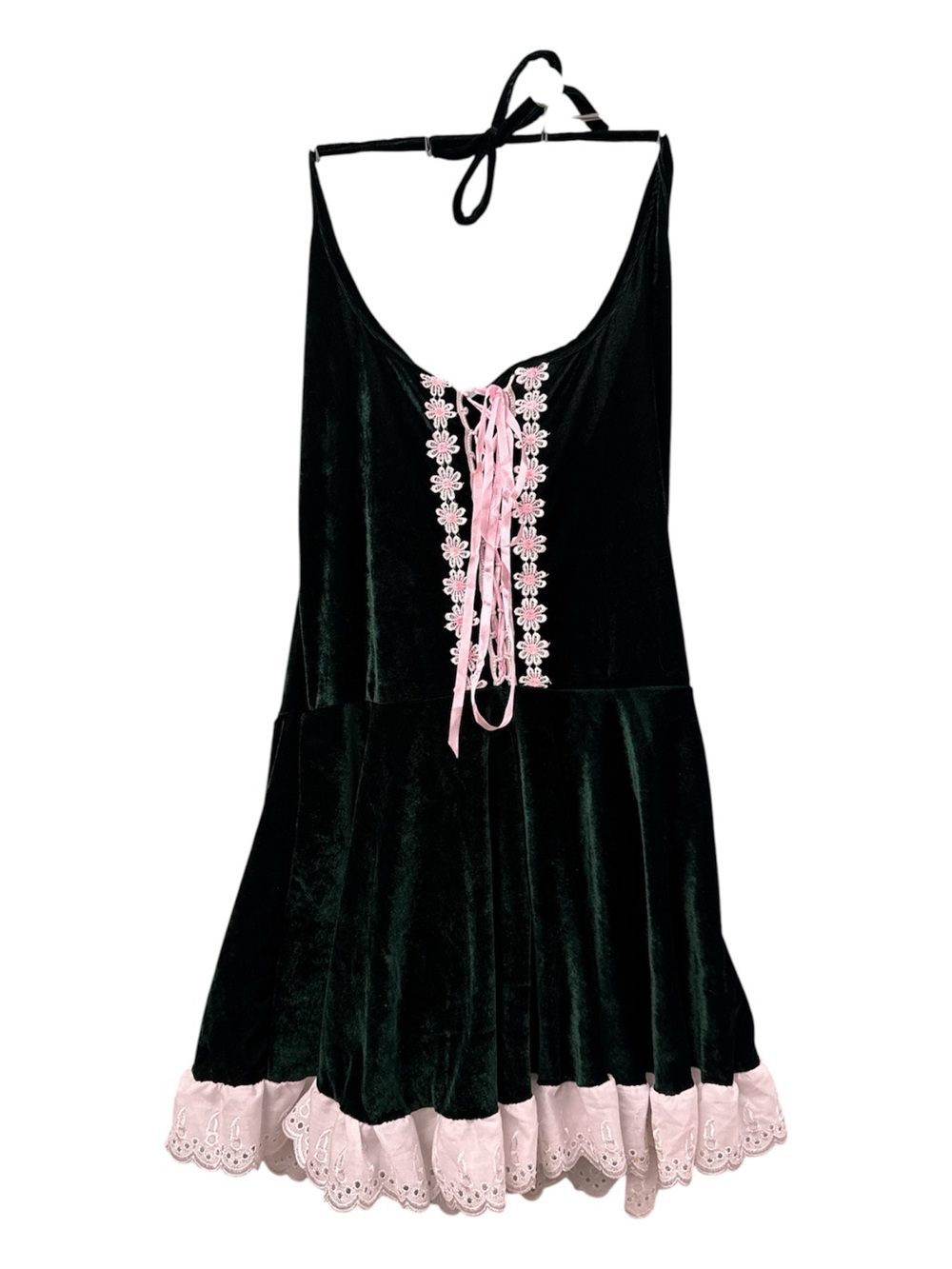Black Velvet Halter Dress with Pink Lace Trim